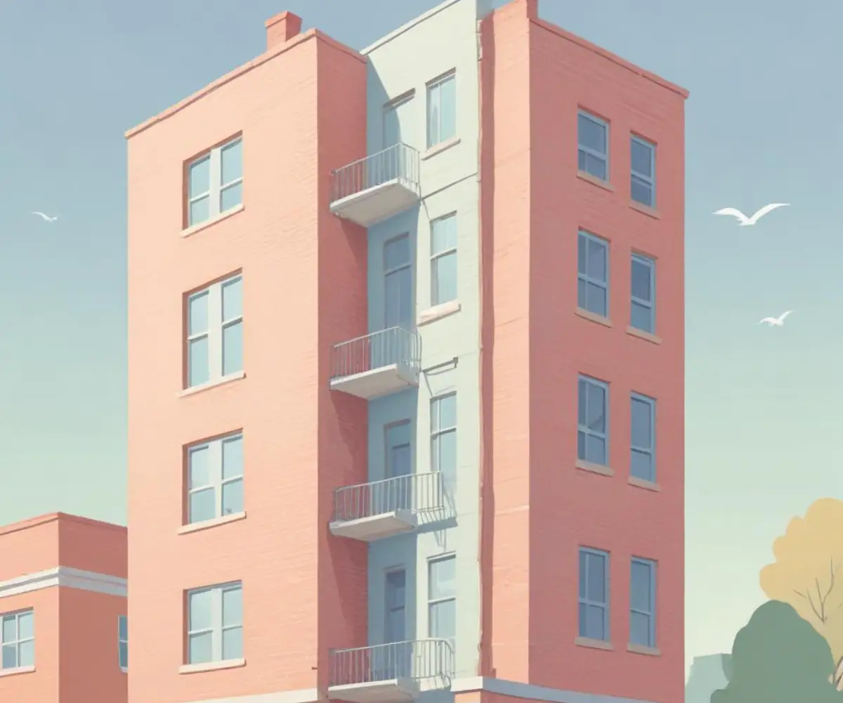 Top floor of a brick apartment building on a sunny day.