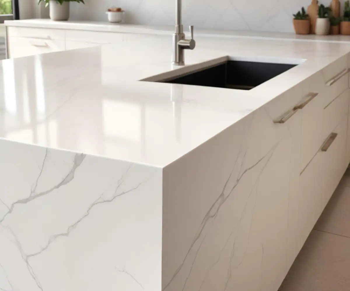 A close-up of a thick, 4-inch mitered edge on a white quartz kitchen island countertop, showing the seamless corner joint.