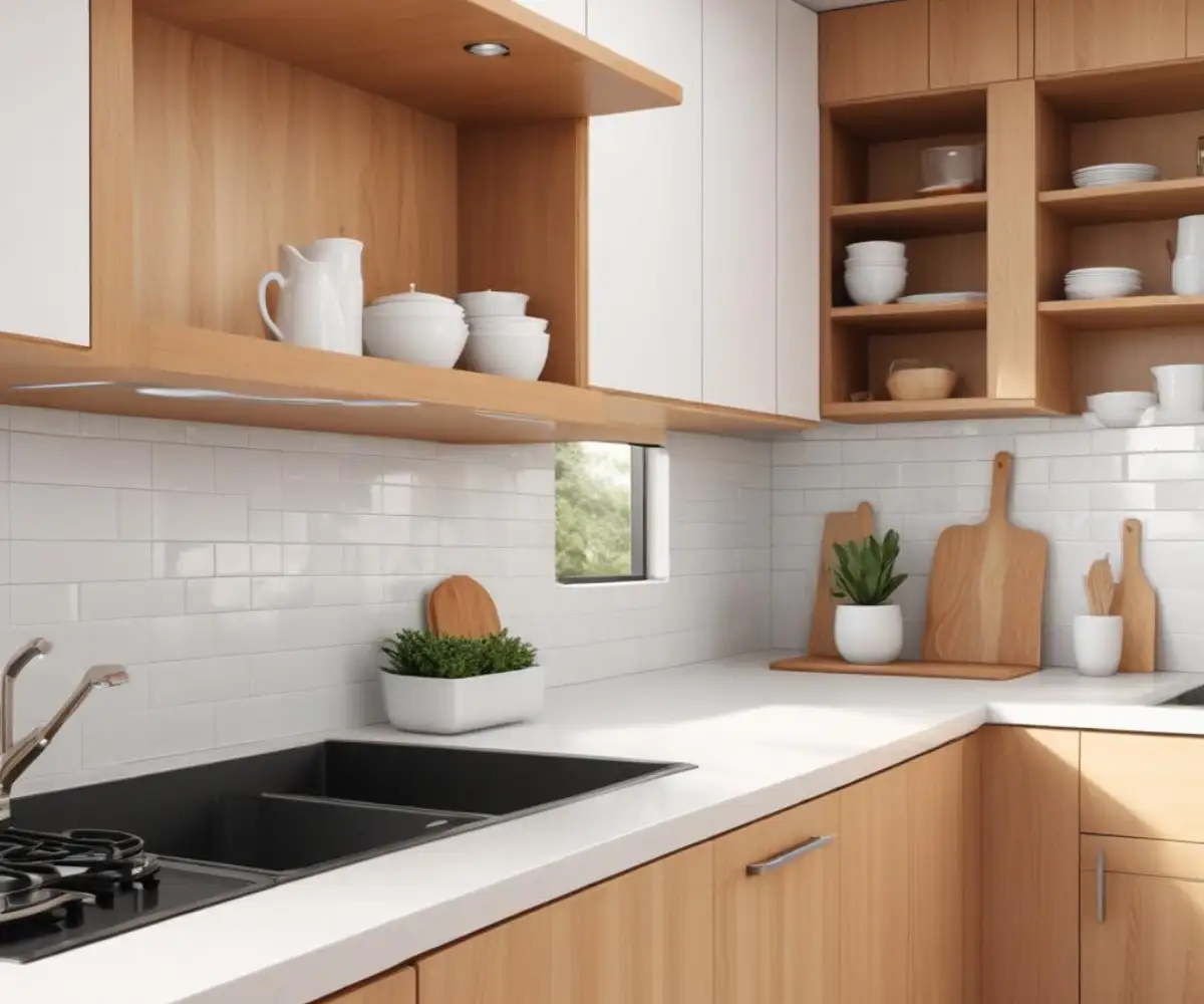 A split-view of a kitchen with a white countertop showing a four-inch backsplash on one side and a six-inch backsplash on the other.
