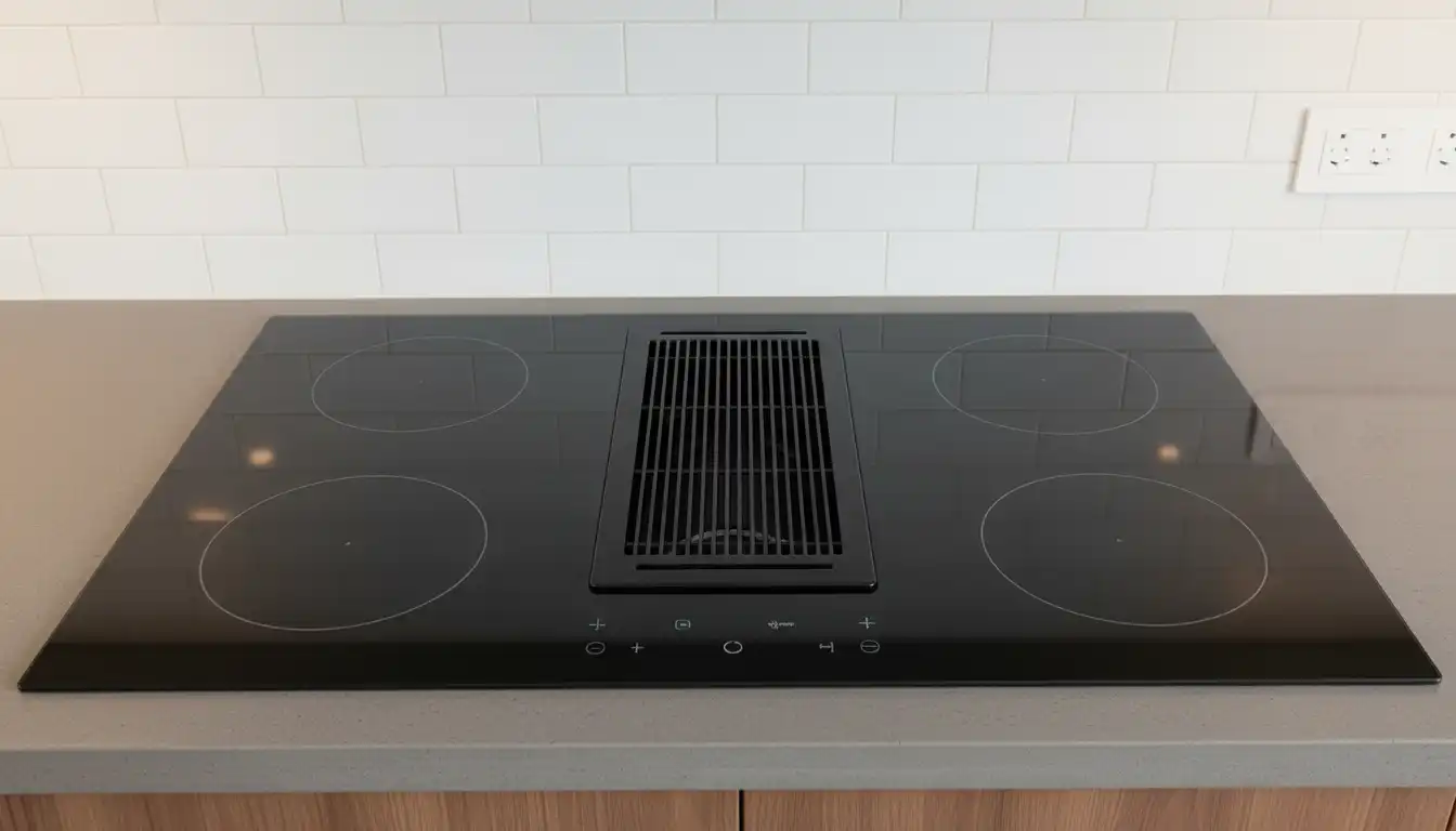 A sleek, black glass 46-inch electric cooktop with a built-in downdraft vent integrated into the smooth surface.