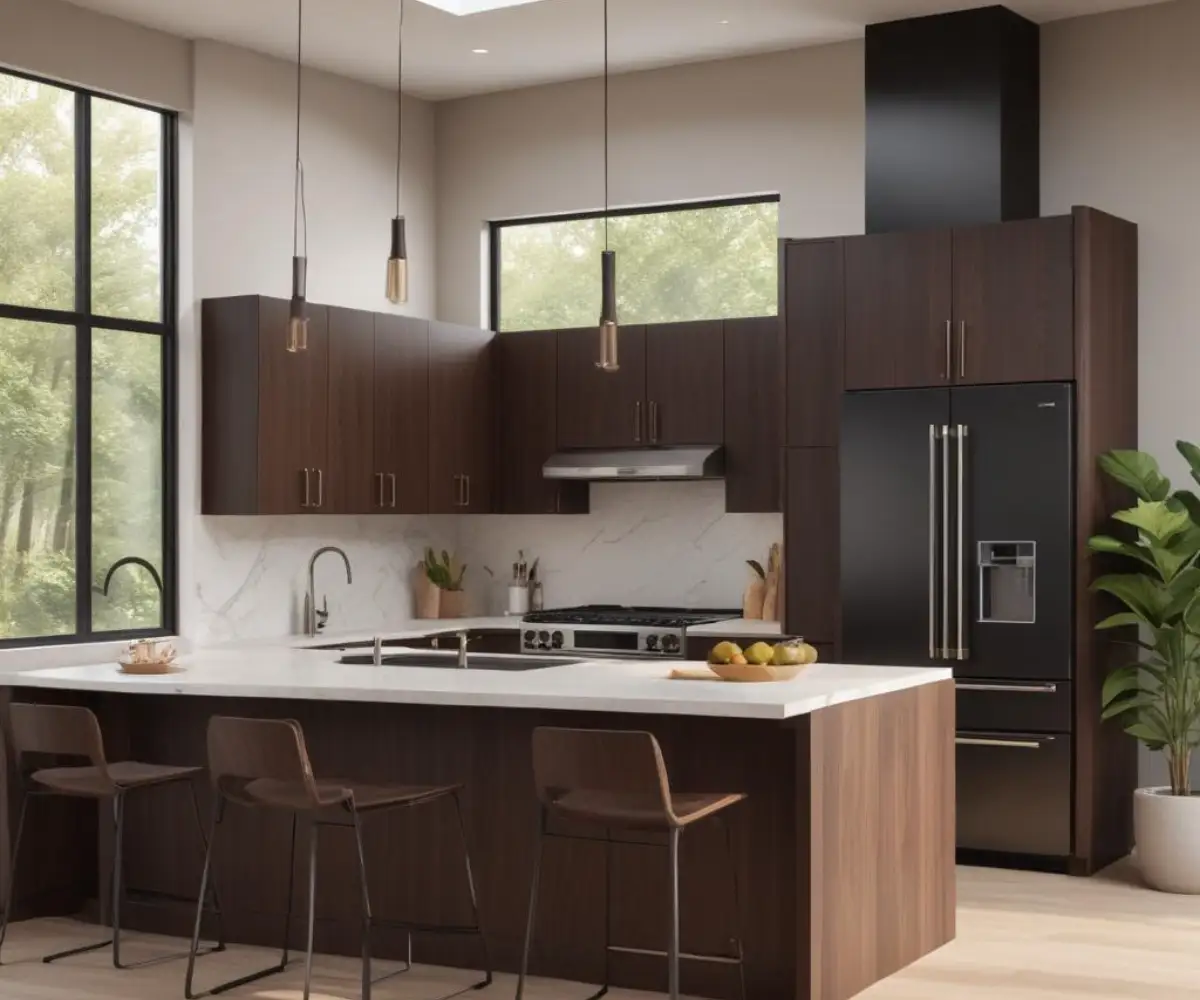 A sleek, modern kitchen featuring a row of 48-inch tall, dark wood upper cabinets reaching towards the ceiling, installed above a white countertop.