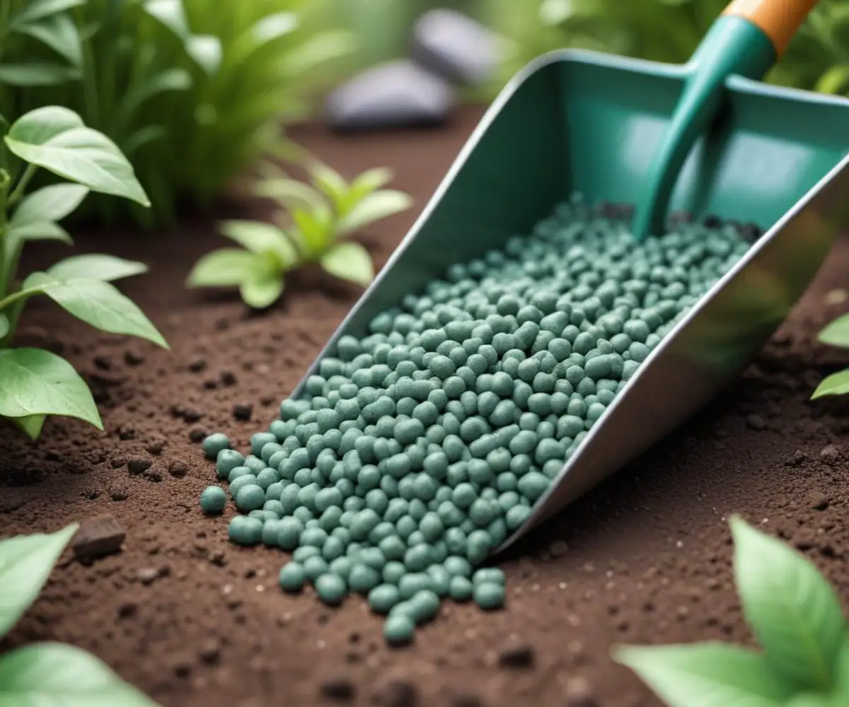 A close-up of granular 5-10-5 fertilizer pellets in a garden trowel, with blurred green foliage in the background.