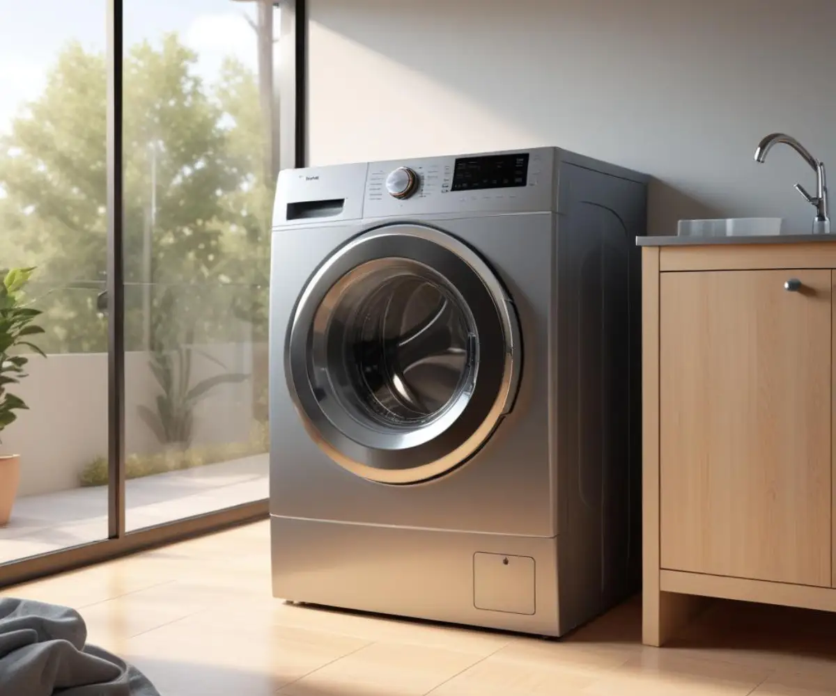 A sleek, modern front-load washing machine with a large glass door and a stainless steel finish.