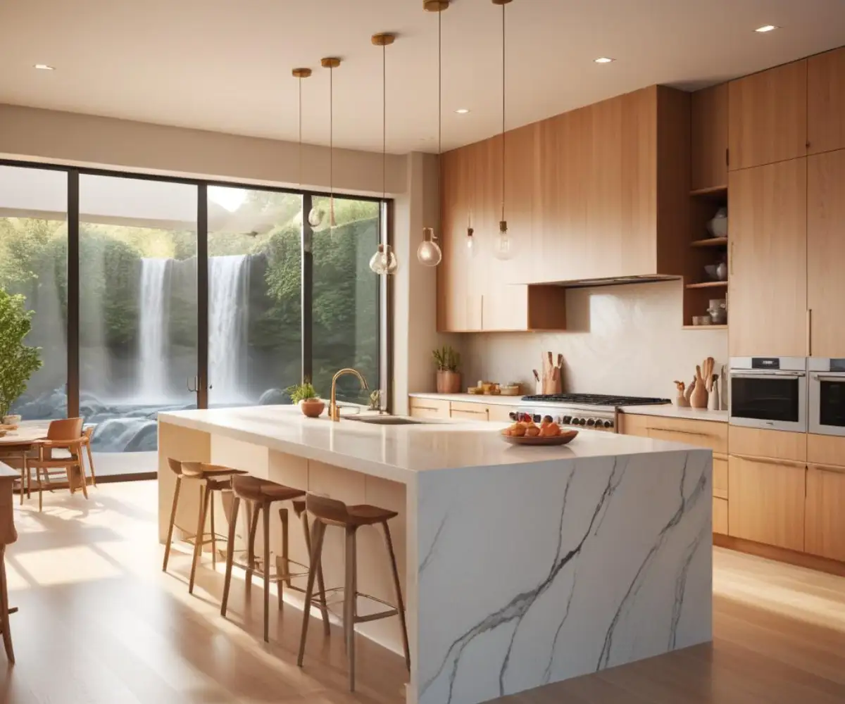 A modern, well-lit kitchen featuring a large central island with a waterfall countertop, positioned with ample clearance from the surrounding perimeter counters and cabinetry.