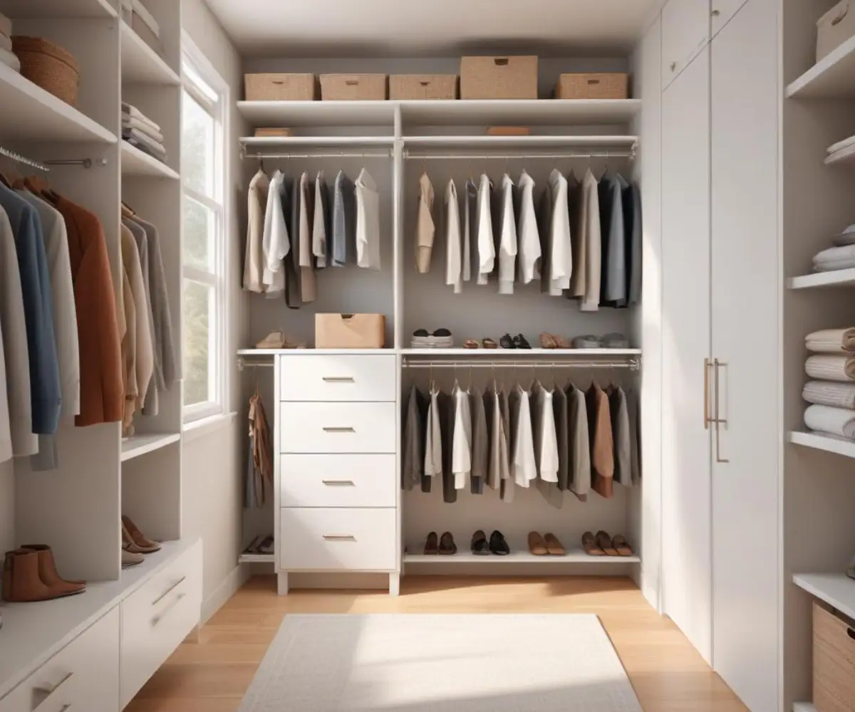 A narrow 5-foot wide walk-in closet with white walls, featuring a combination of hanging rods, shelves, and drawers for organized clothing storage.