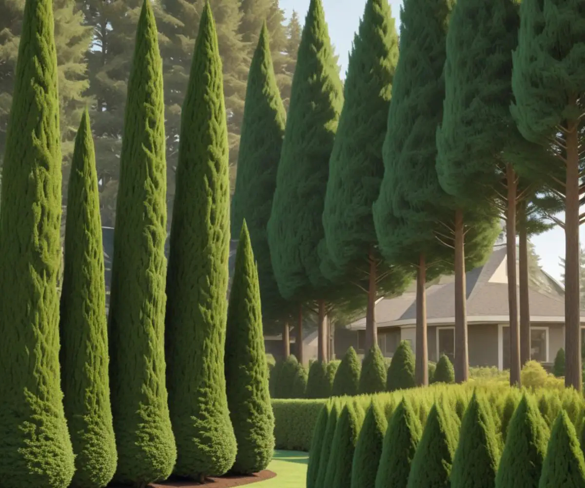 A row of tall, conical Thuja Green Giant trees creating a dense, year-round privacy screen along a residential property line.