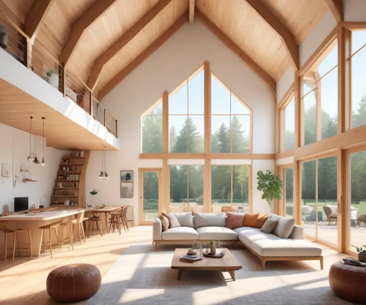 A bright, airy living room with a high, sloped 6/12 pitch vaulted ceiling made of light-colored wood planks and exposed structural beams.