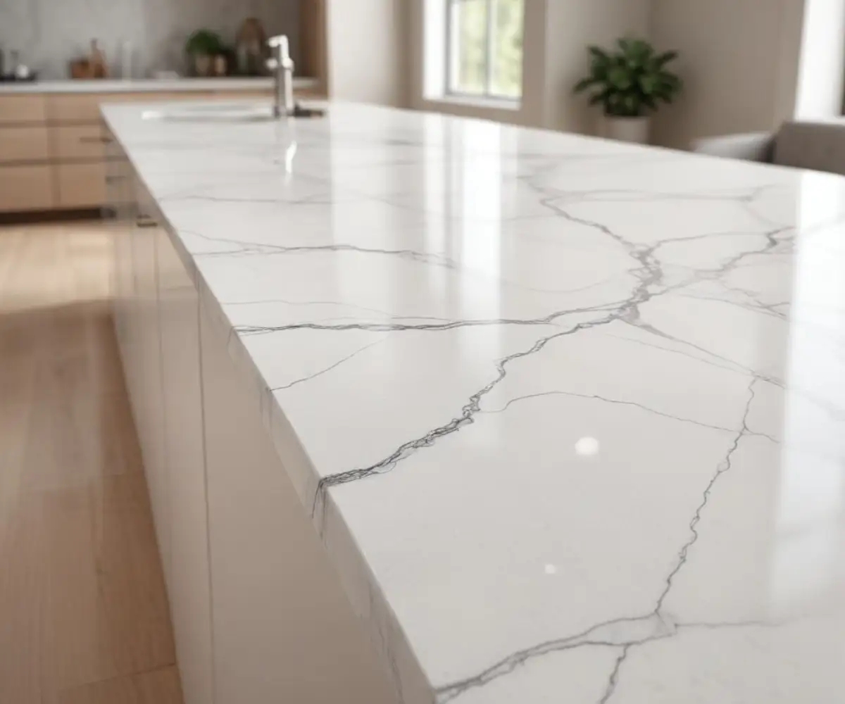 A close-up of a 6 cm thick white quartz countertop with subtle gray veining, showing a polished mitered edge.