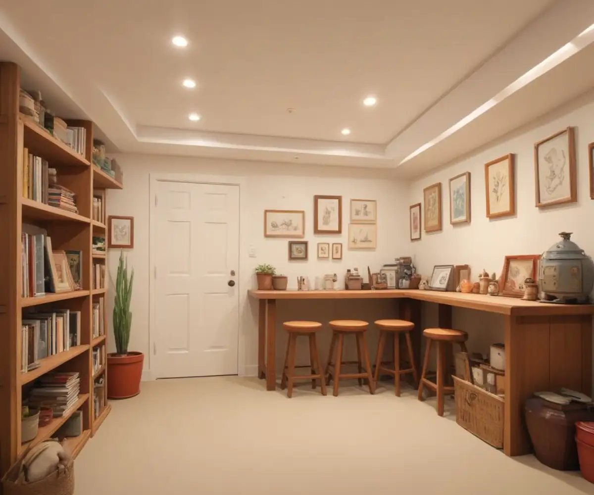 A renovated basement with a low, smooth, white painted ceiling and evenly spaced recessed lighting fixtures.
