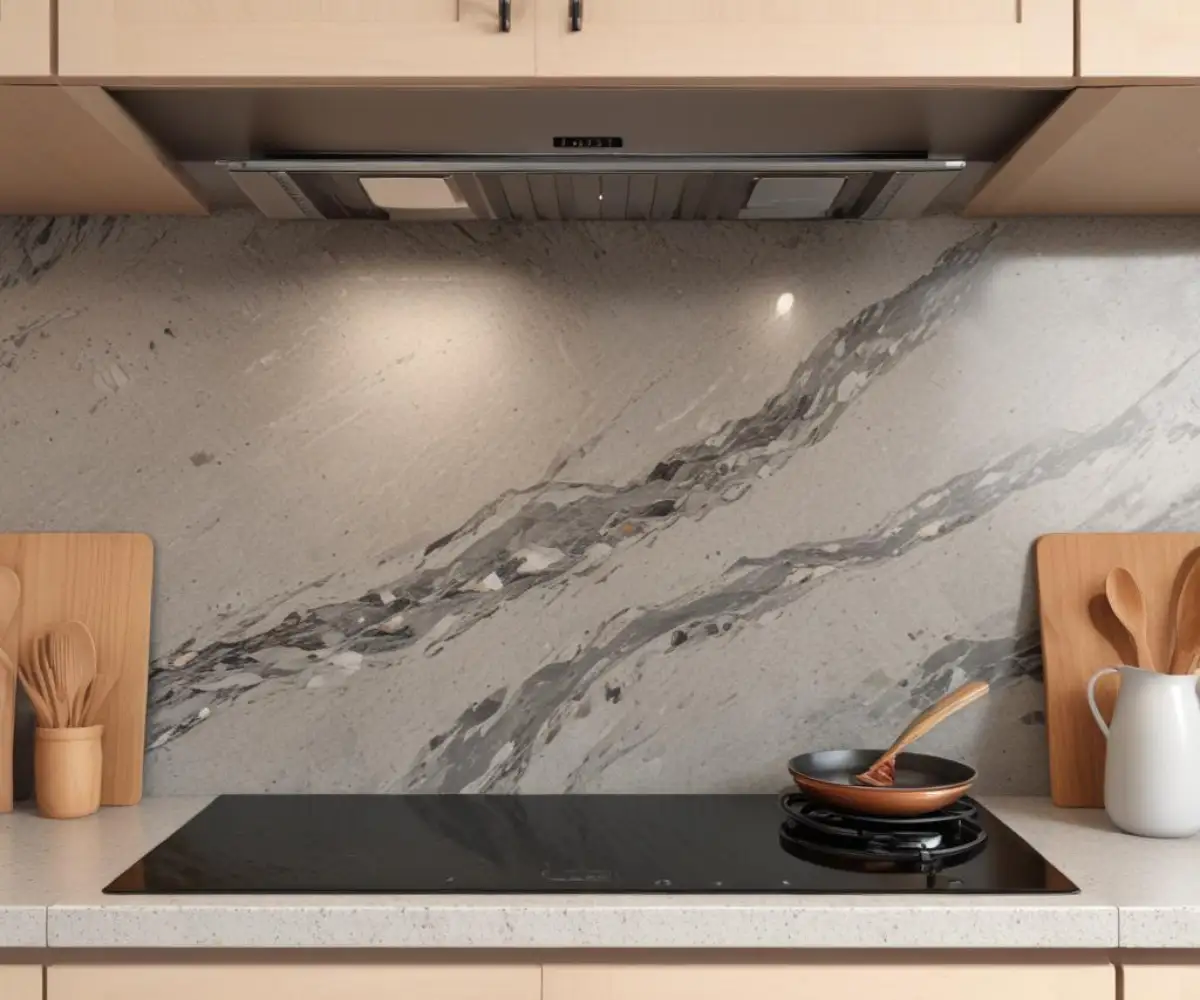 A polished 6-inch granite backsplash installed on a kitchen wall above a clean countertop.