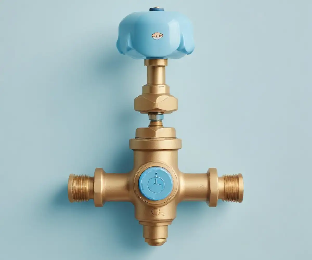 A close-up of a brass gas control valve with a blue adjustment knob, intended for a water heater.