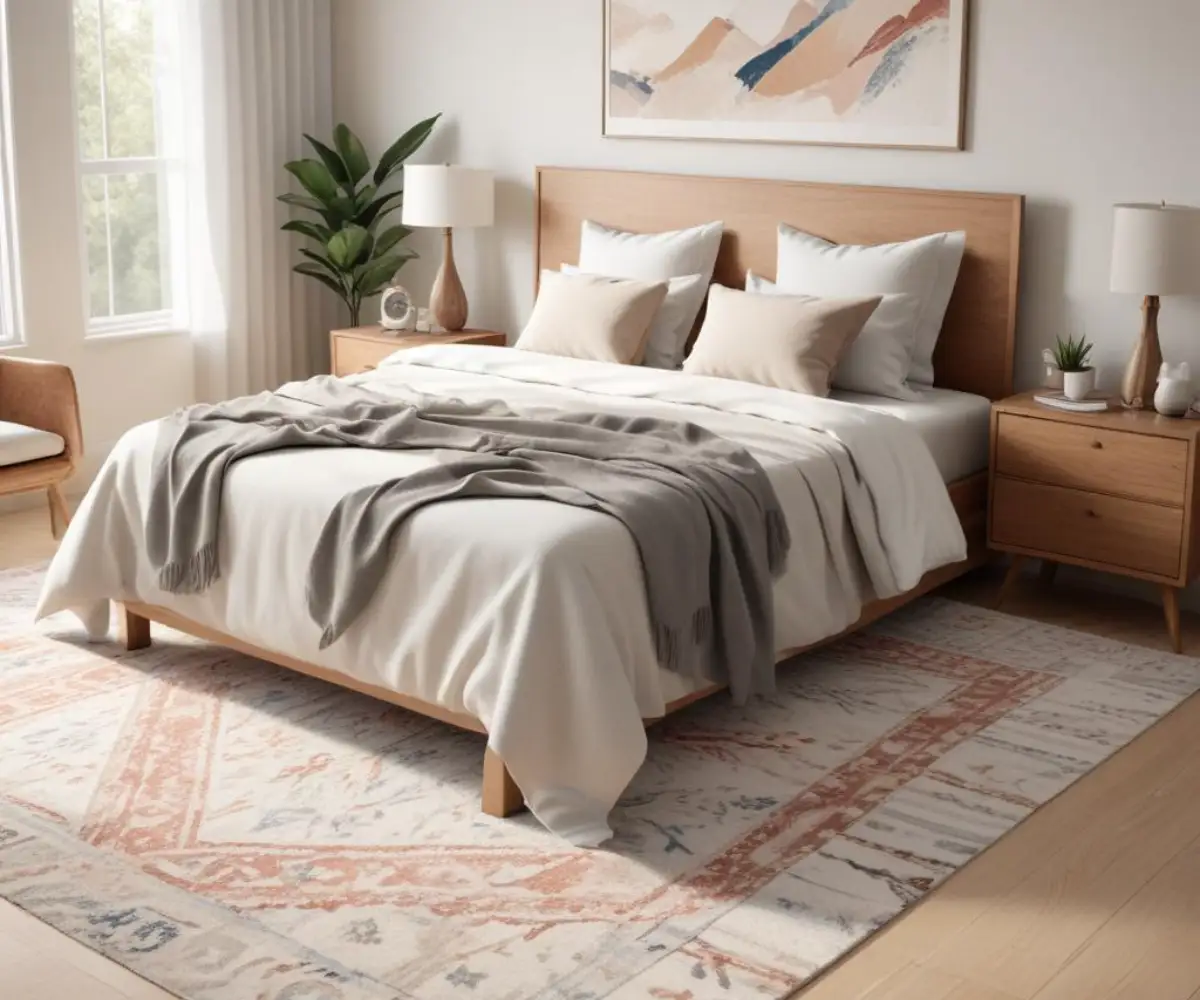 A patterned 7x10 area rug placed under the lower two-thirds of a king-sized bed with white bedding in a neutral-toned bedroom.