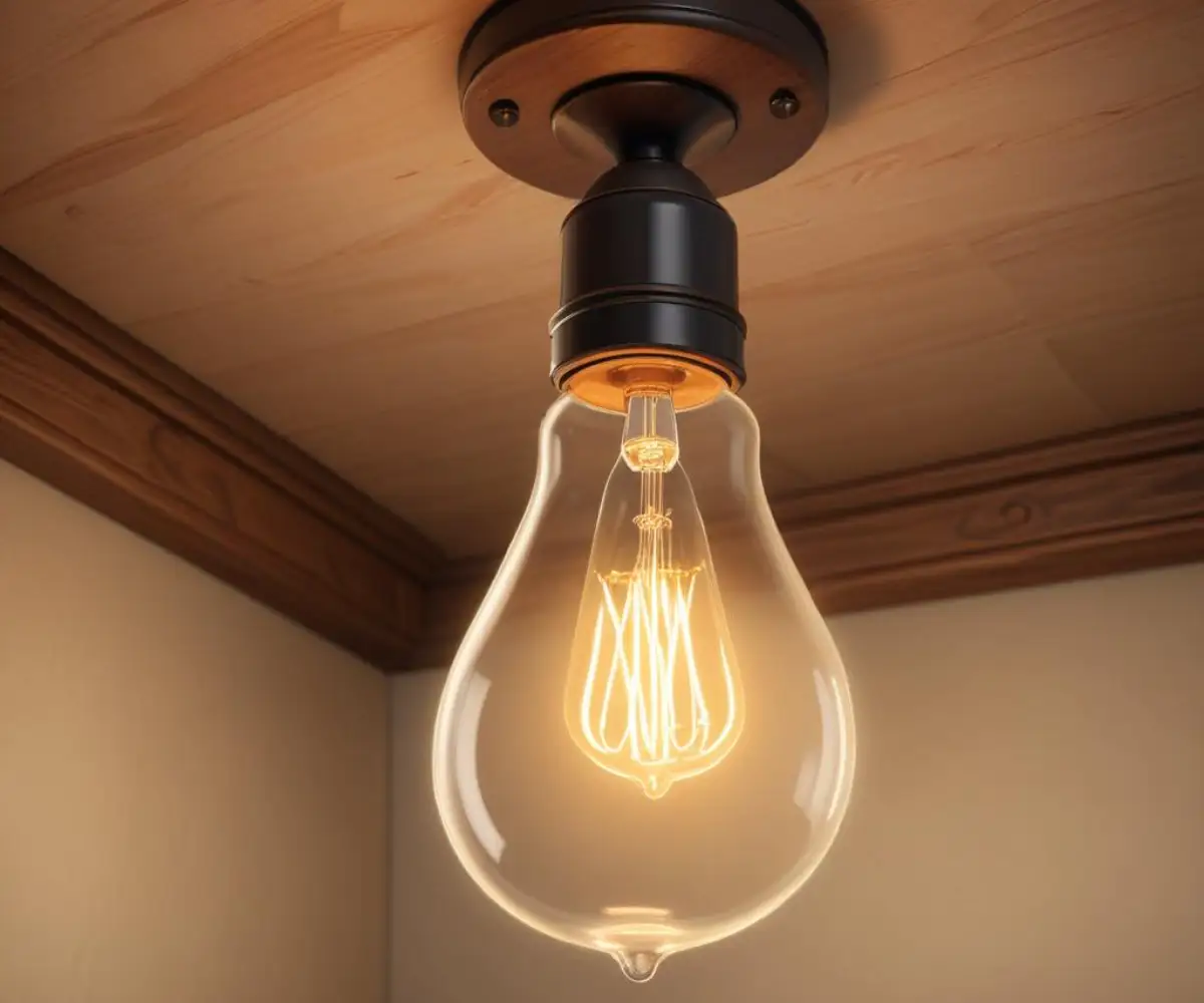 An incandescent light bulb glowing inside a clear glass ceiling light fixture mounted on a wooden ceiling.