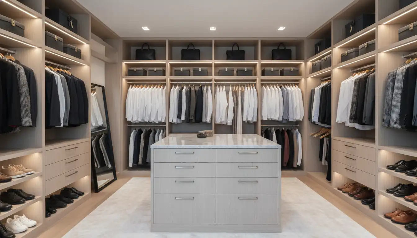 A well-organized 7x7 square walk-in closet with custom shelving, hanging rods, and drawers in a clean, modern style.