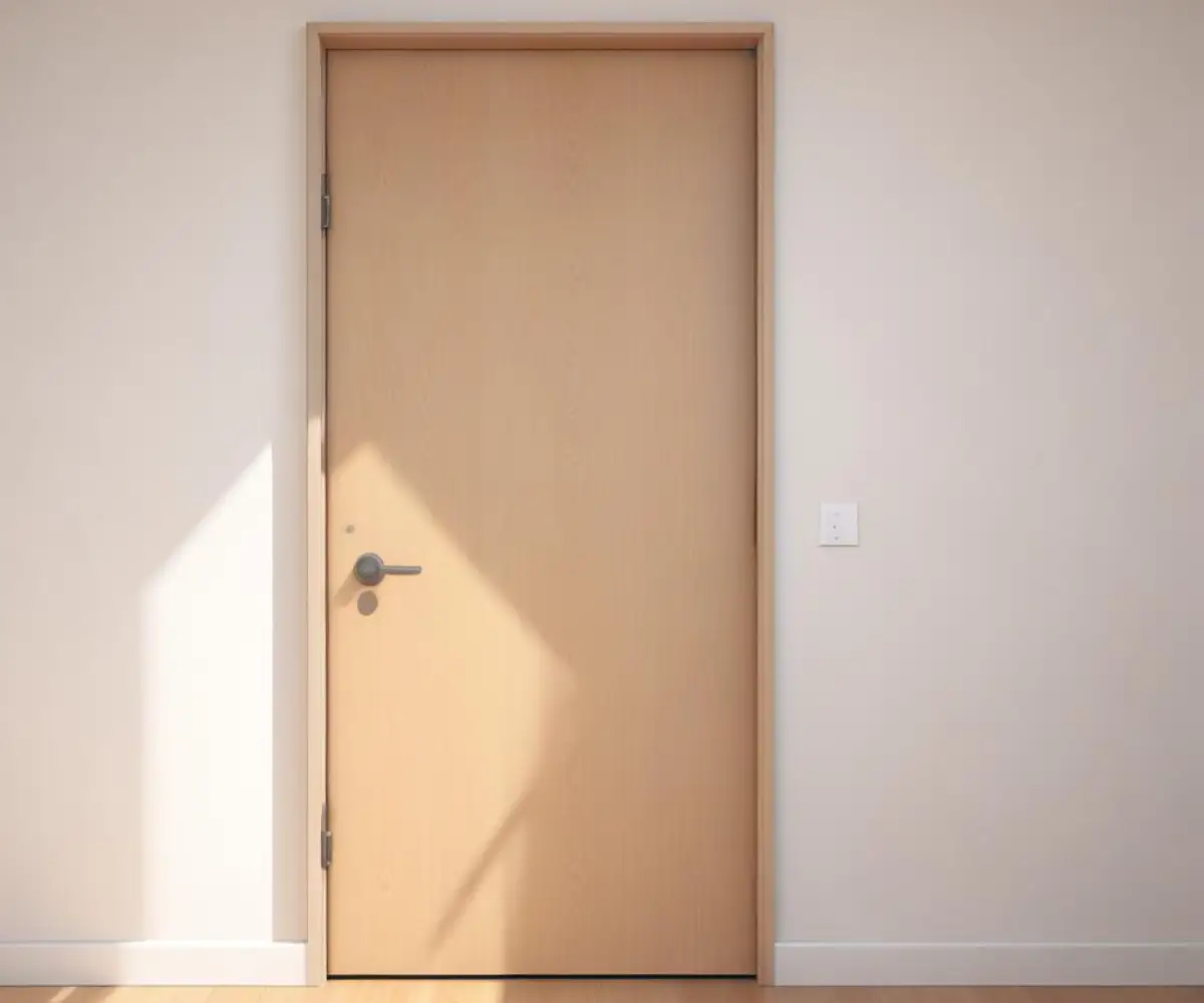 A tall eight-foot interior door with modern hardware, set into a plain white wall with a ten-foot ceiling, creating a sense of height and space.