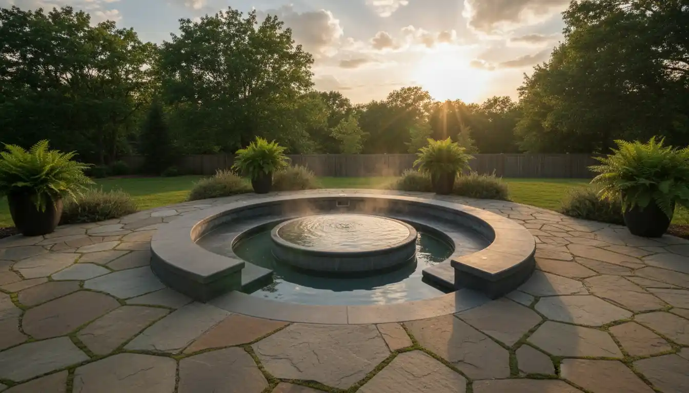 An eight-foot circular hot tub with integrated bench seating, installed on a backyard patio with natural stone pavers.