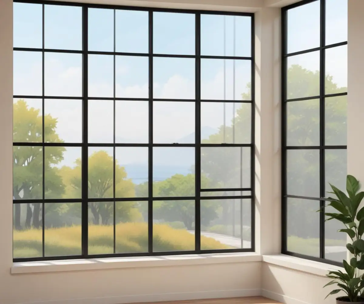An eight-foot wide, multi-pane picture window with a black frame set into a light-colored exterior wall.