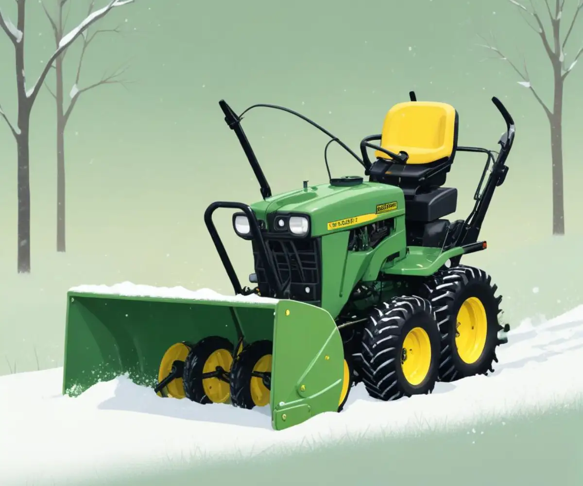 A green and yellow walk-behind John Deere 826 snowblower with a black discharge chute and handlebars.