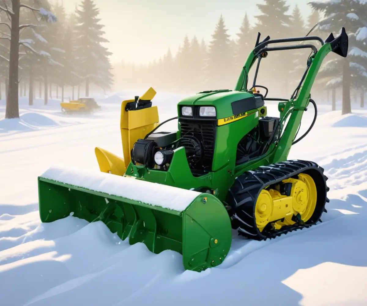 A green and yellow John Deere 832 walk-behind snowblower on a solid white background.