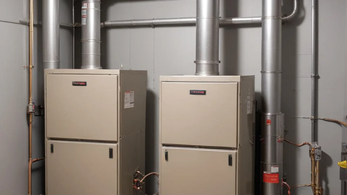 Two modern furnaces, a 92% efficiency model and a 96% high-efficiency model, installed side-by-side in a clean utility space.