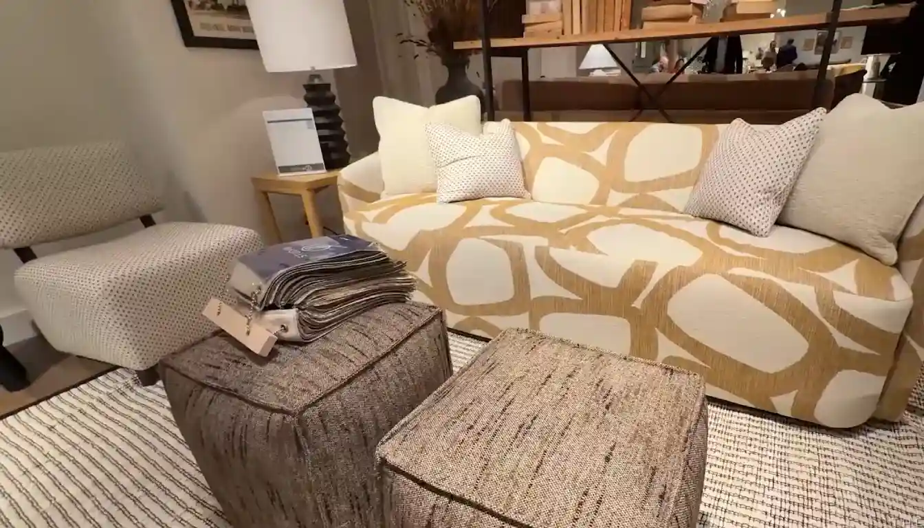A close-up of the detailed stitching on a white yellow fabric sofa with a wooden leg on a light-colored rug.