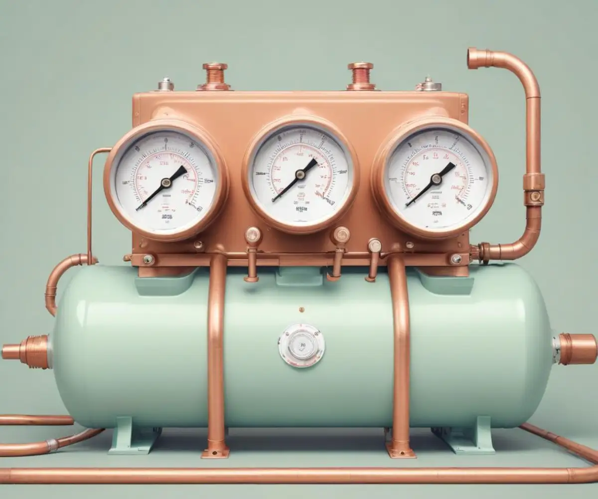 Close-up view of an HVAC compressor unit's copper discharge and suction lines with pressure gauges attached.