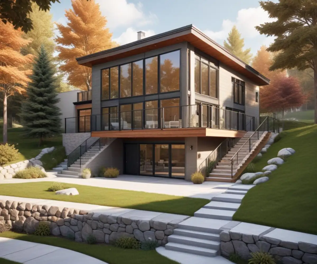 Exterior of a two-story house built on a sloped lot, showing a walk-out basement with large windows and a glass door.