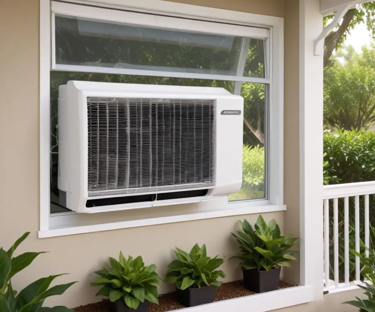 A specialized casement air conditioner unit installed within the frame of an open, white vinyl awning window, sealed with a clear acrylic panel.