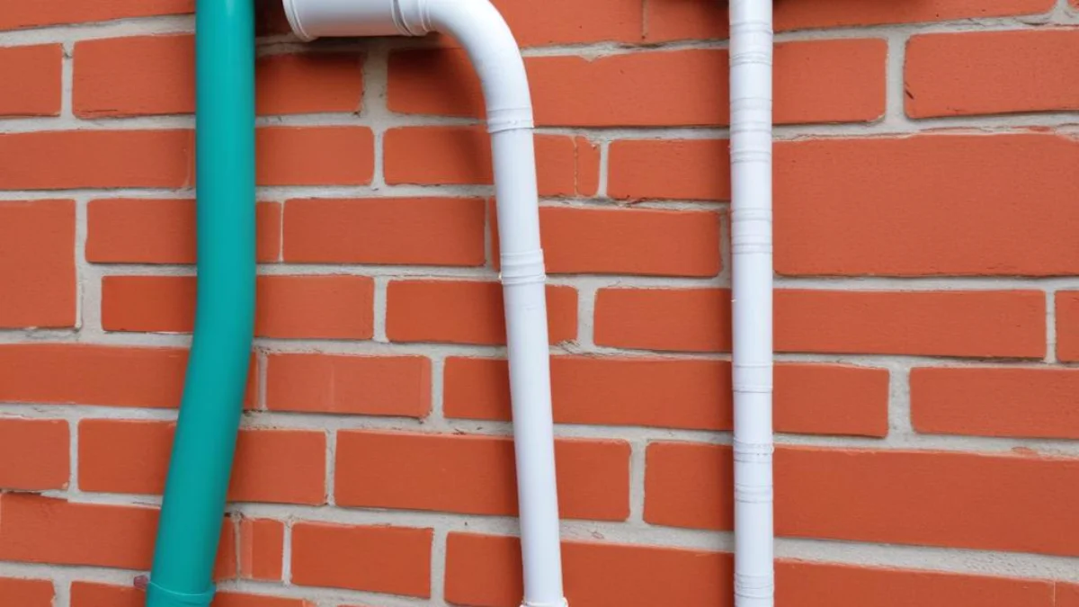 White PVC AC drain pipe incorrectly installed pointing upwards against a red brick wall, with a small pool of water at the base.