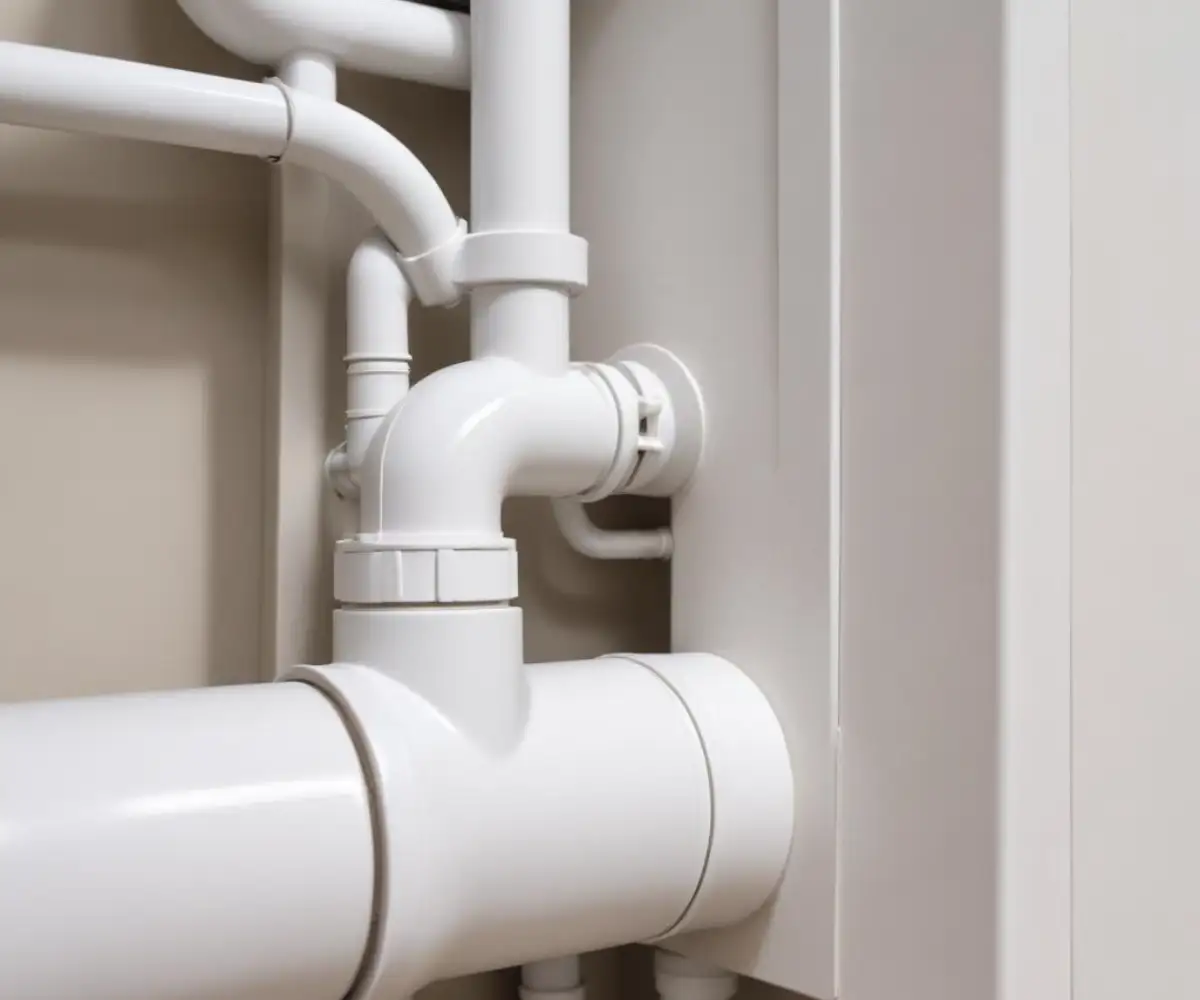 Close-up of a white PVC P-trap on an air conditioner condensate drain line.
