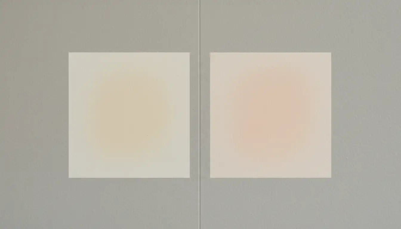 Side-by-side interior wall paint swatches showing the subtle creamy undertones of one off-white next to the soft warmth of another.