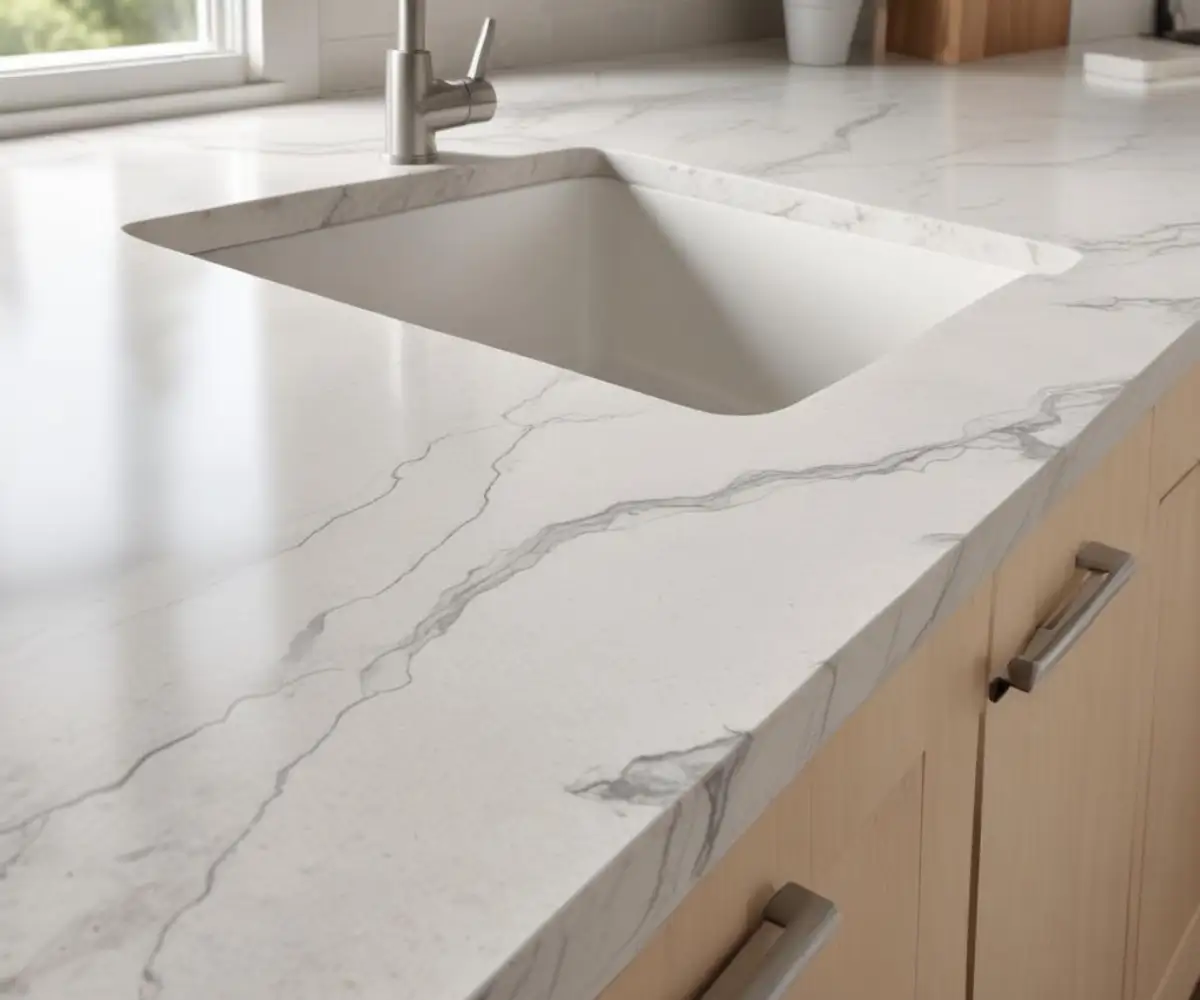 A close-up view of a clean, well-blended seam joining two pieces of a white and gray veined quartz countertop.