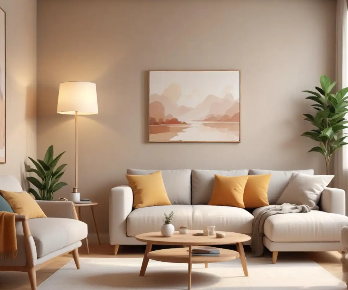 Brightly lit living room wall painted a warm, neutral greige color.