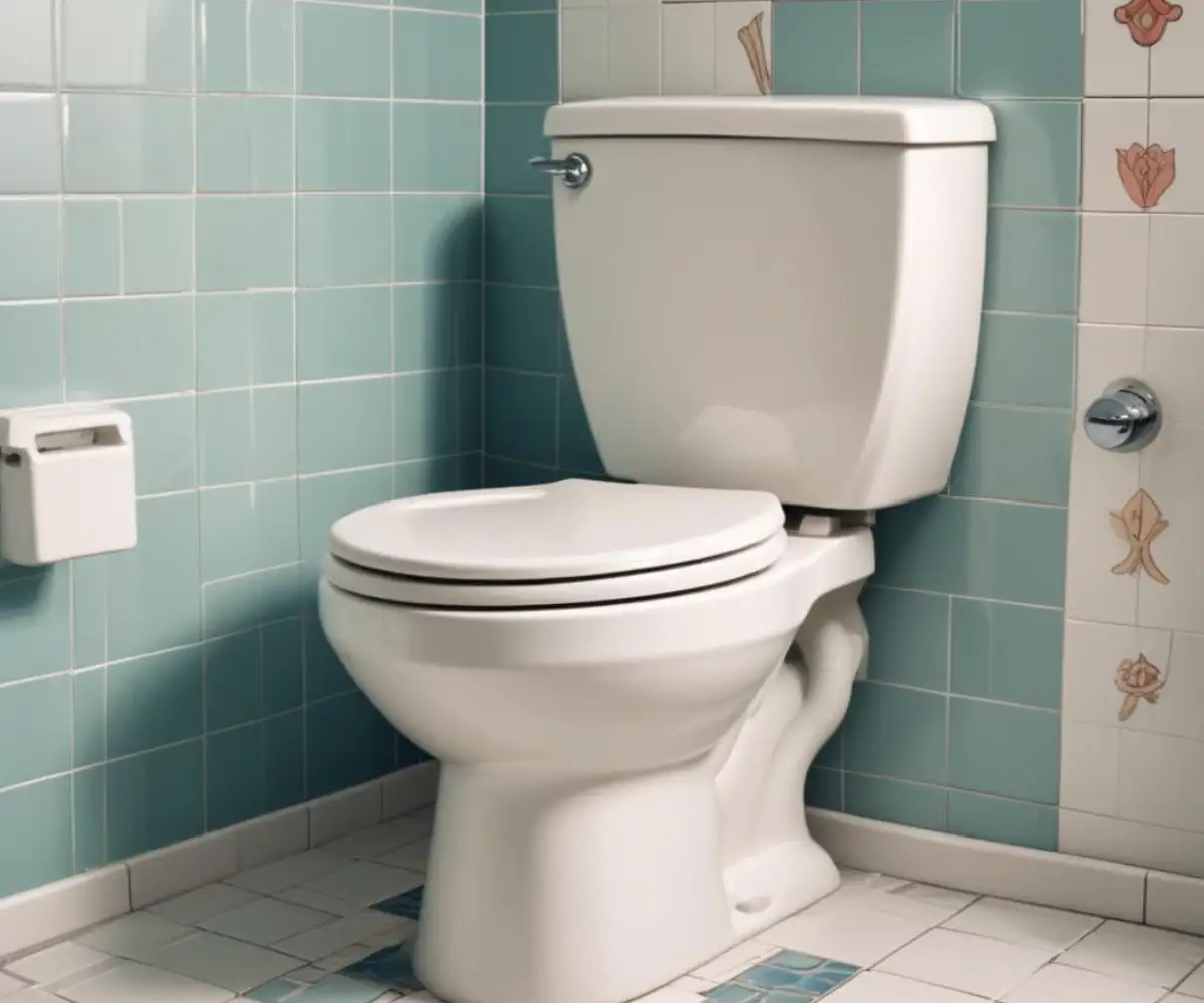 A white ceramic toilet with the seat and lid lifted in a tiled bathroom.