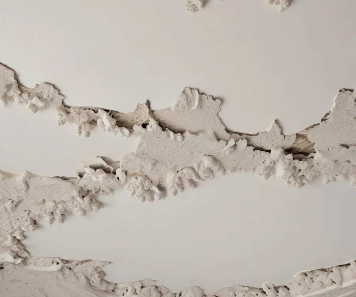 Close-up of a damaged white textured popcorn ceiling showing the rough surface.