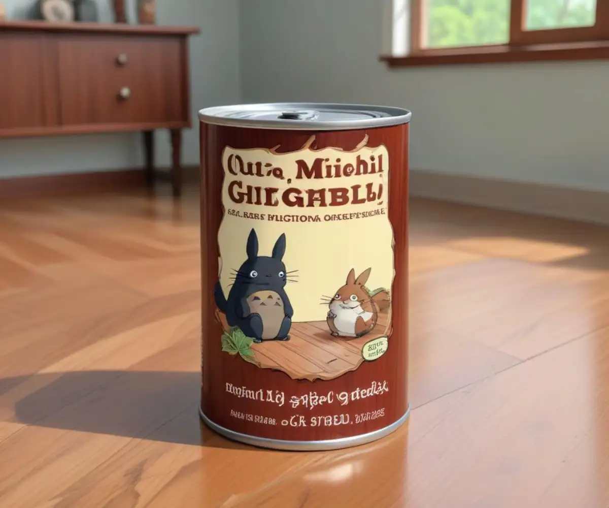 Can of dark exterior wood stain sitting on a light-colored indoor hardwood floor.