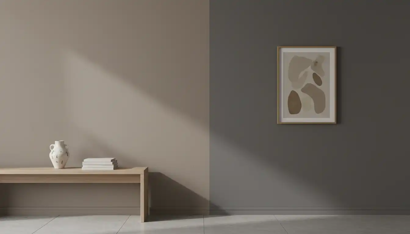 A split wall with one side painted a medium-toned taupe-gray and the other side a slightly darker warm gray.