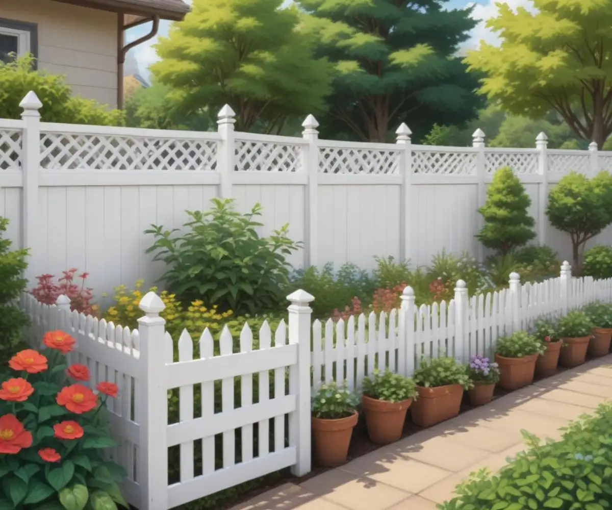 A white vinyl privacy fence with lattice top installed around a backyard patio and garden.