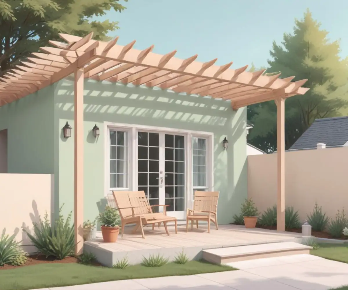 A wooden pergola with a pitched, polycarbonate panel roof attached to the side of a modern house.