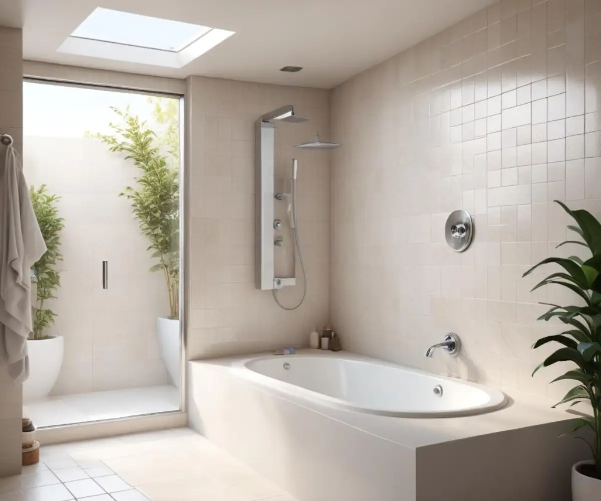 A white jacuzzi-style bathtub inside a tiled alcove, fitted with a modern chrome wall-mounted shower head and faucet.