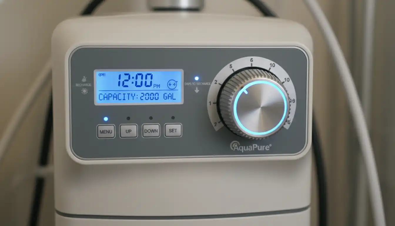 Close-up of the digital control panel and adjustment dial on a modern residential water softener unit.