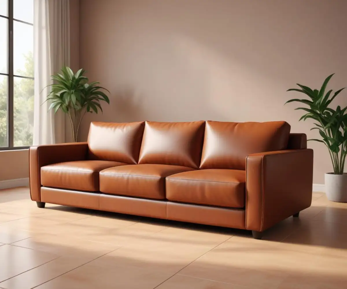A contemporary brown air leather sofa with detailed stitching on a light-colored floor.