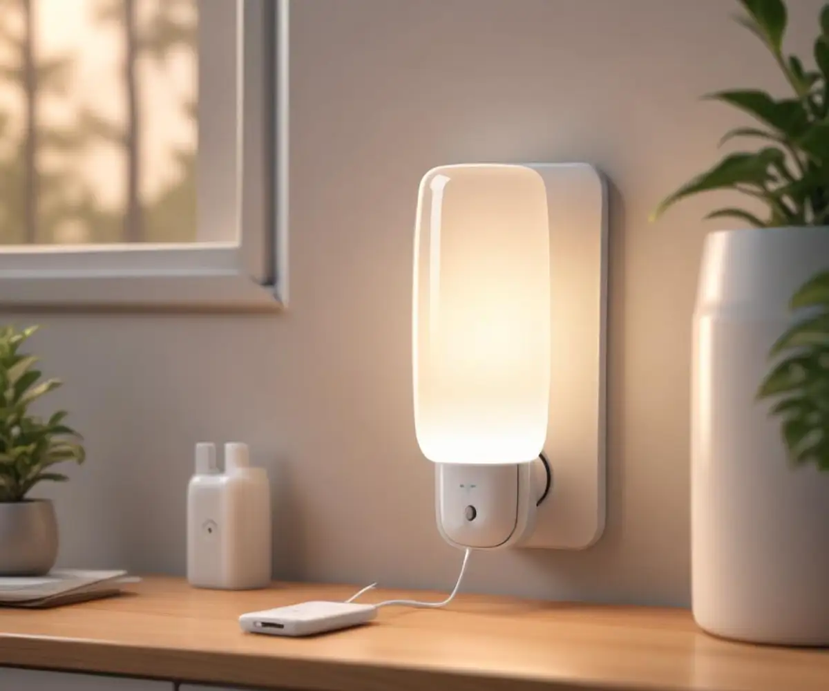 A white plug-in air freshener with a translucent scented oil refill and an integrated soft glow night light.