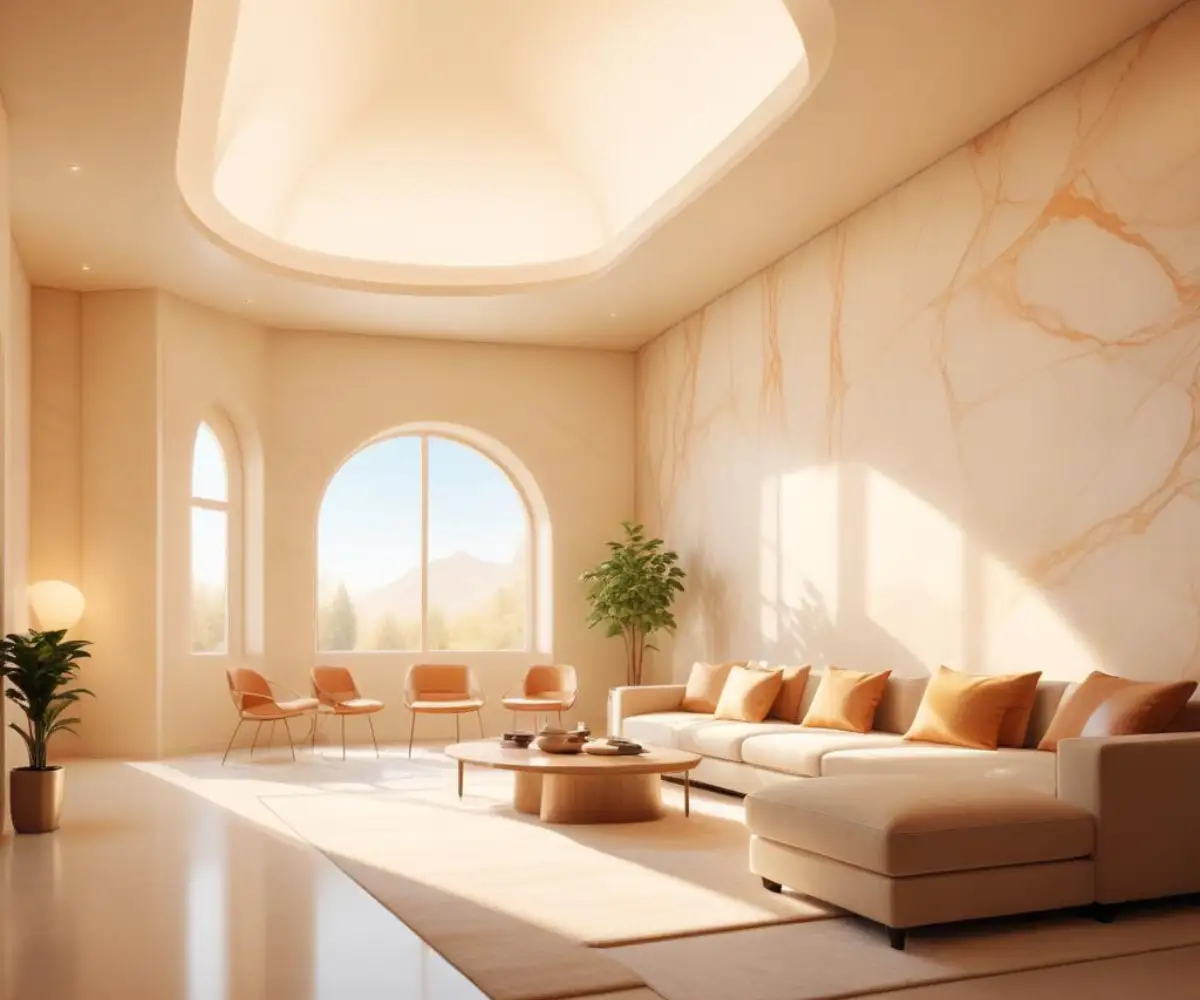 An elegant interior with smooth, translucent alabaster walls and ceiling, illuminated to create a warm, glowing ambiance.