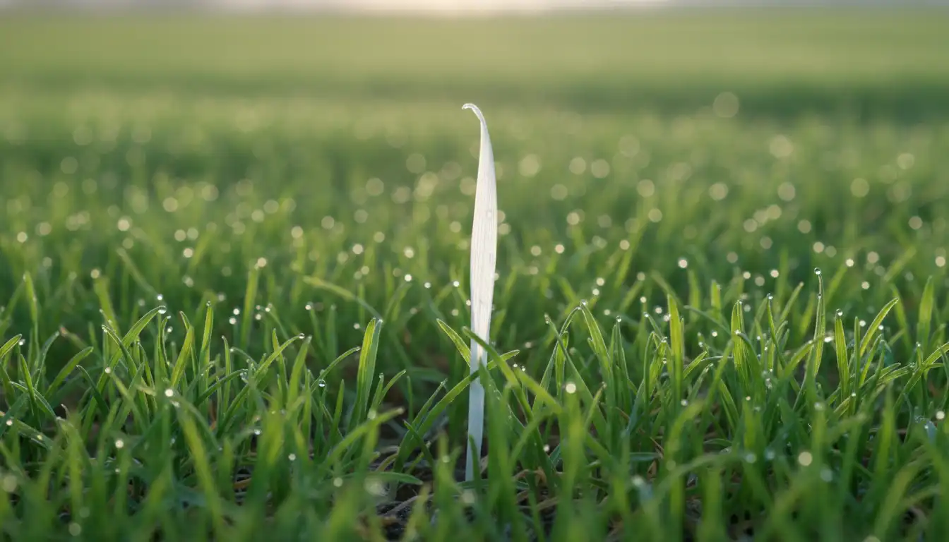 A close-up view of a single white blade of grass emerging from a patch of vibrant green turf.