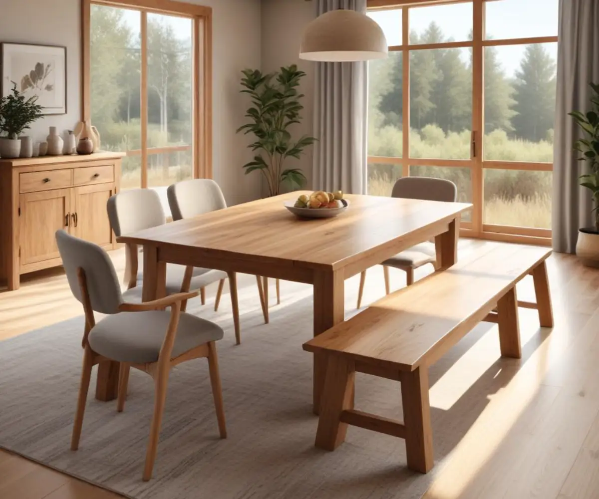 A rustic wooden dining table with upholstered chairs, set against a neutral-toned, modern interior.