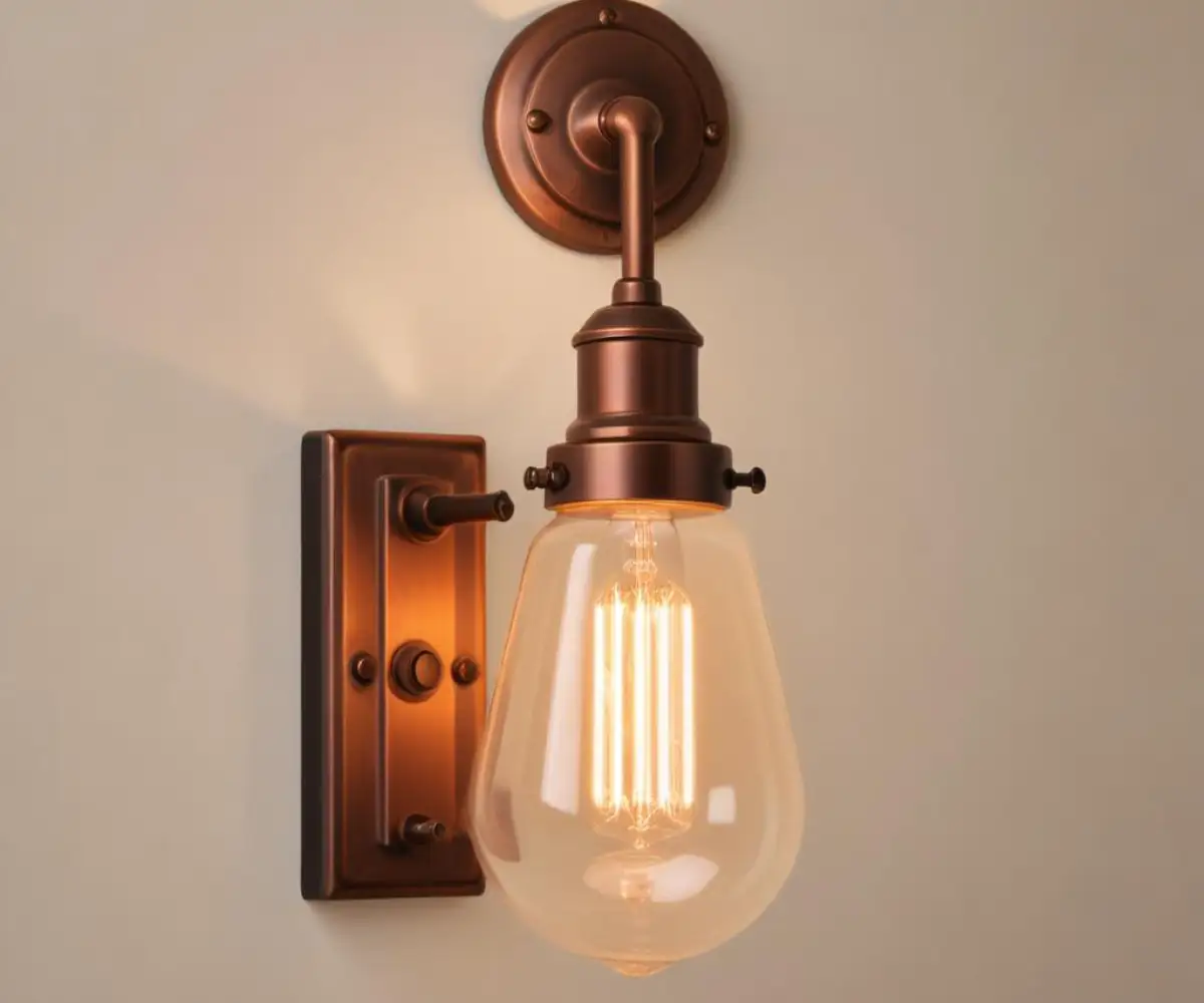 A wall-mounted copper bathroom light fixture with a horizontal bulb.