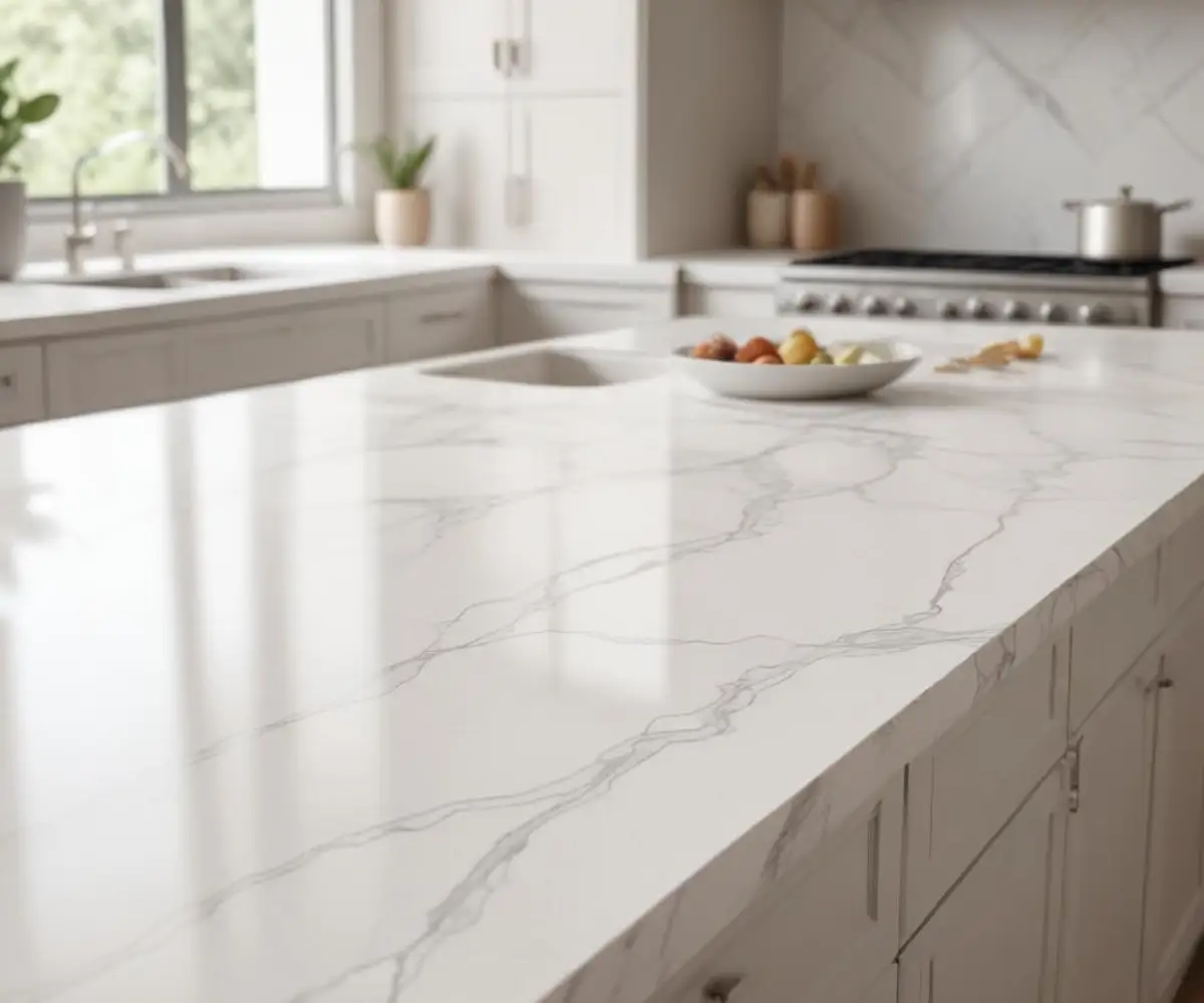 A close-up of a white quartz countertop with subtle grey veining, showing the material's texture and sheen.