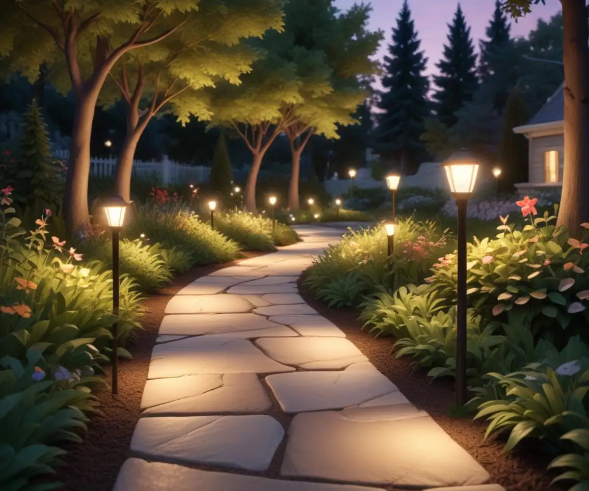 Professionally installed landscape lighting illuminating a garden path and trees at dusk.