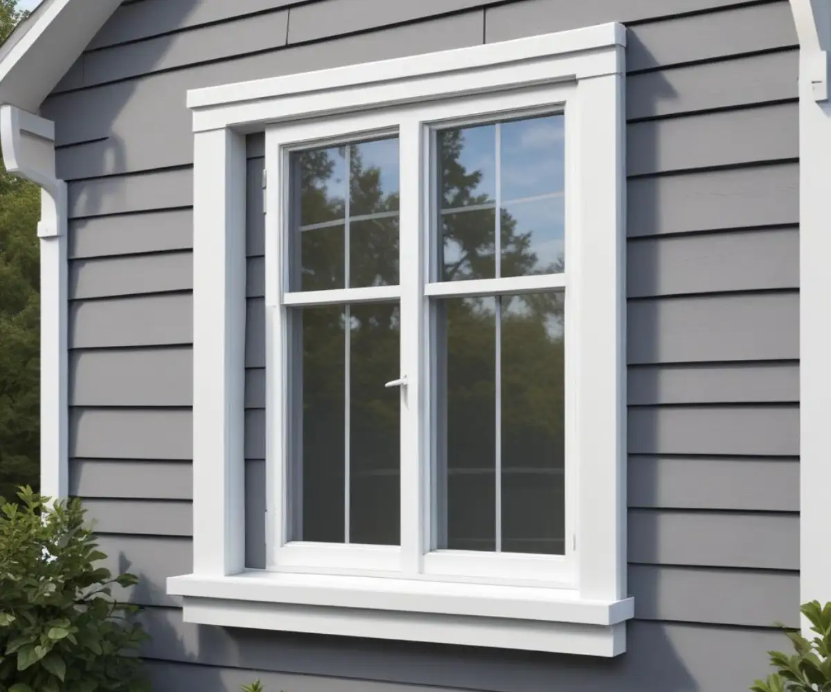 White aluminum capping cleanly covering the wooden window trim on a house with gray siding.